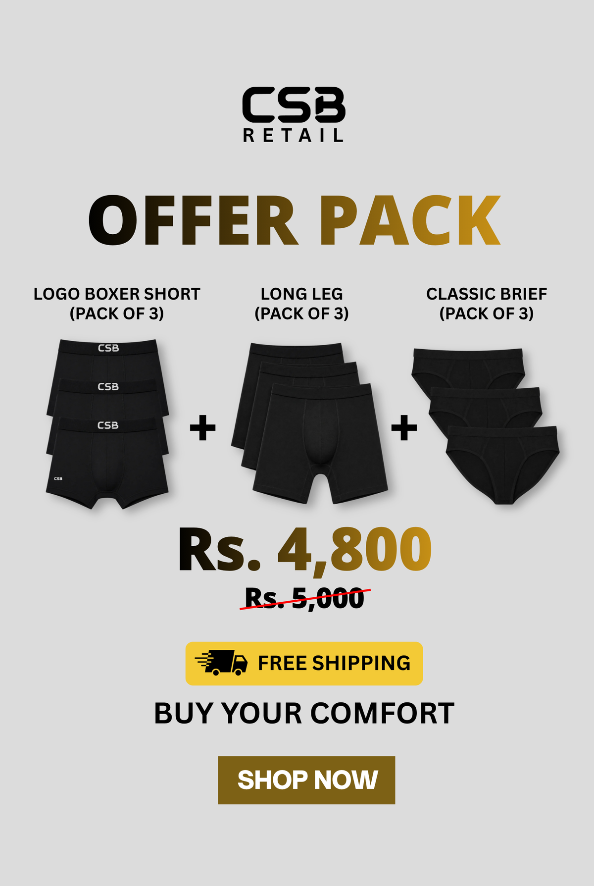 Offer Pack 1 - 3 Logo Boxer Shorts - 3 Long Leg Boxers & 3 Classic Brief Underwears