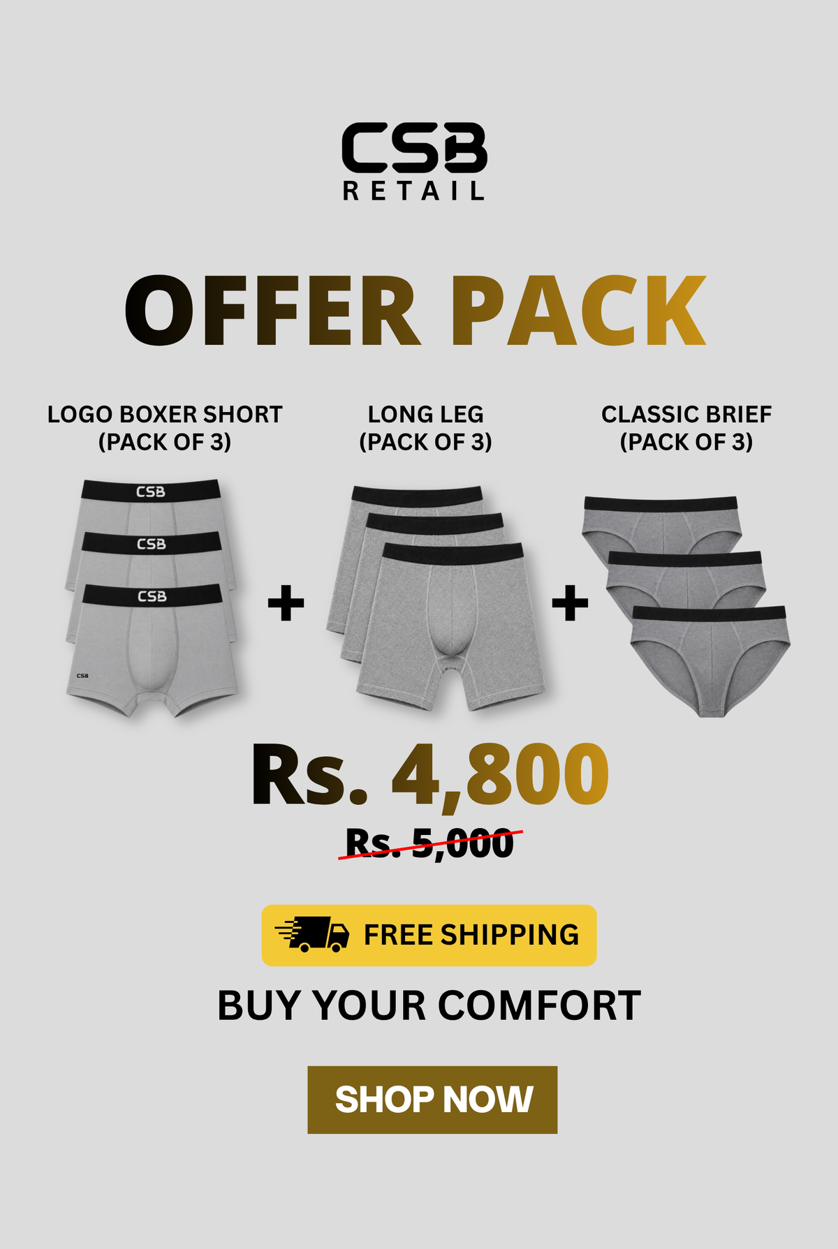 Offer Pack 1 - 3 Logo Boxer Shorts - 3 Long Leg Boxers & 3 Classic Brief Underwears