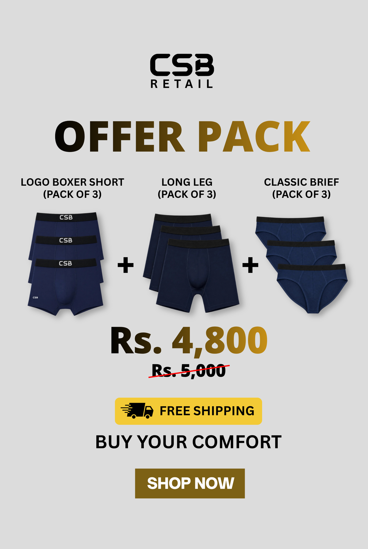 Offer Pack 1 - 3 Logo Boxer Shorts - 3 Long Leg Boxers & 3 Classic Brief Underwears