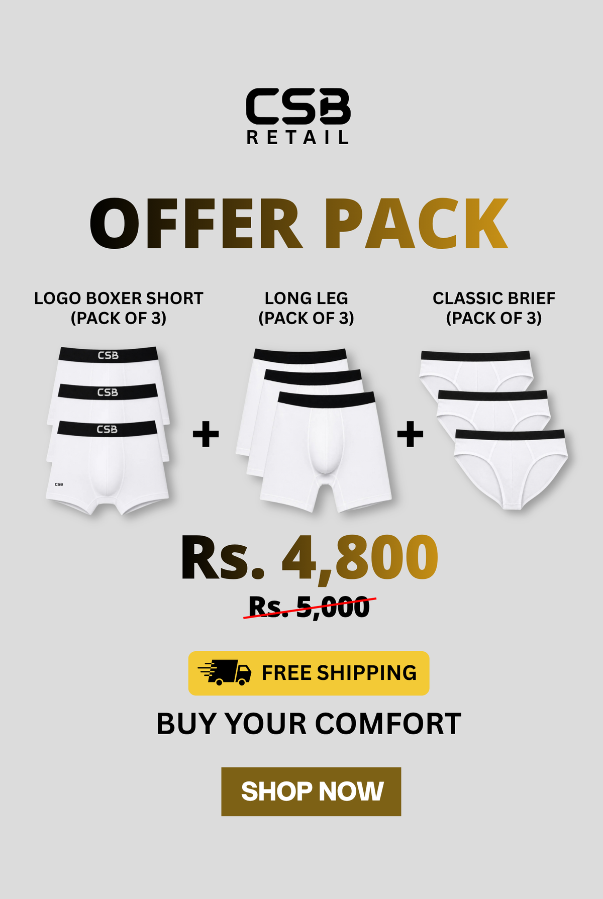 Offer Pack 1 - 3 Logo Boxer Shorts - 3 Long Leg Boxers & 3 Classic Brief Underwears